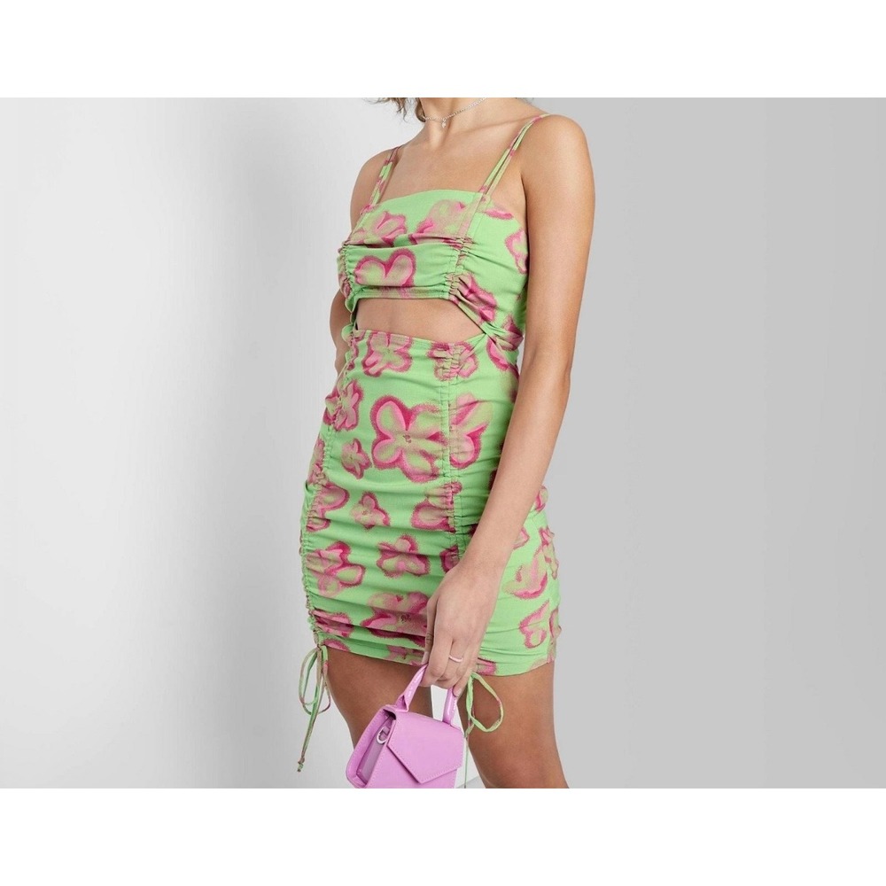 Wild Fable Floral Cutout Ruched Mini Dress Green Pink Sleeveless Bodycon